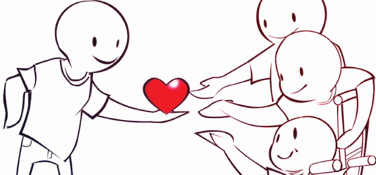 drawing of a person holding a heart and giving it to other people