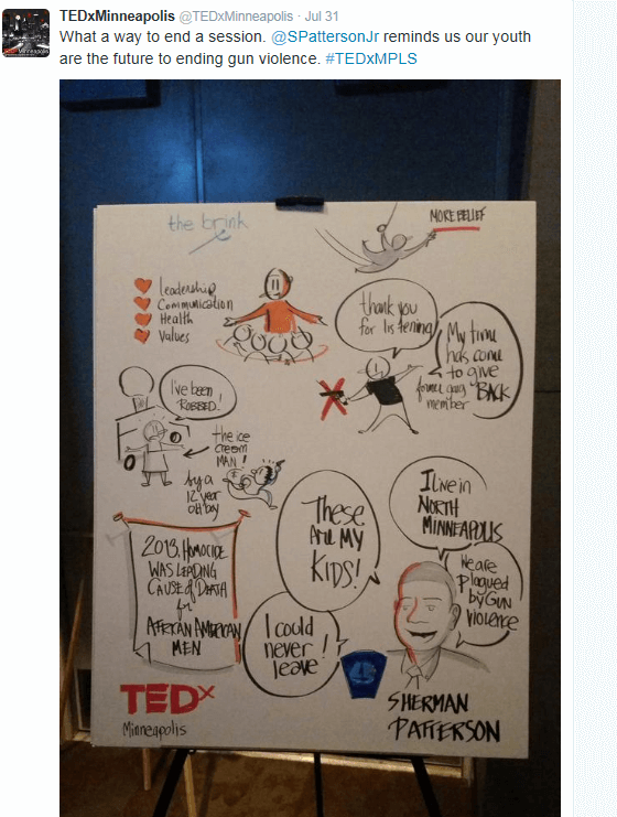 @TEDxMinneapolis Tweet: What a way to end a session. @SPattersonJr reminds us our youth are the future to ending gun violence. #TEDxMPLS