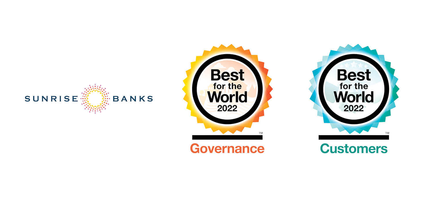 Sunrise Banks logo with Best for the World Logos for Governance and Customer
