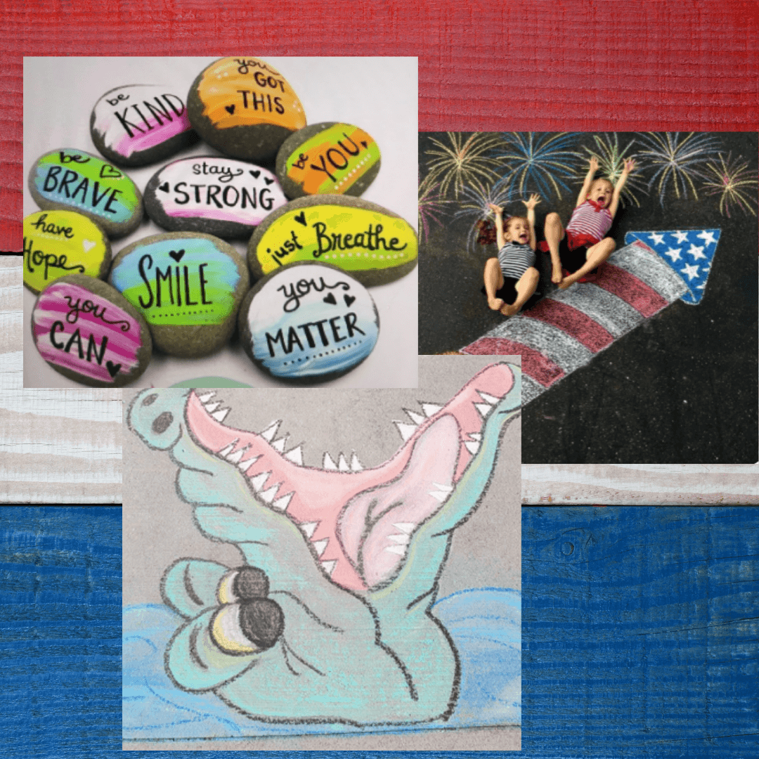A collage of photos of chalk art by employees