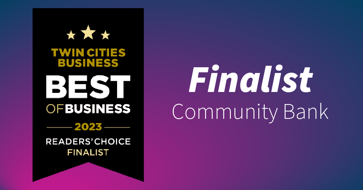 The Twin Cities Business Best of Business logo and the text Finalist: Community Bank
