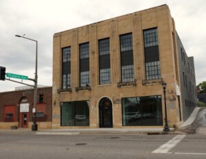 The front of a historic building.