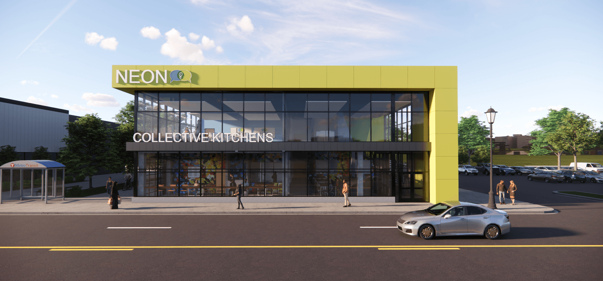 An artist rendering of the NEON Food Incubator building.