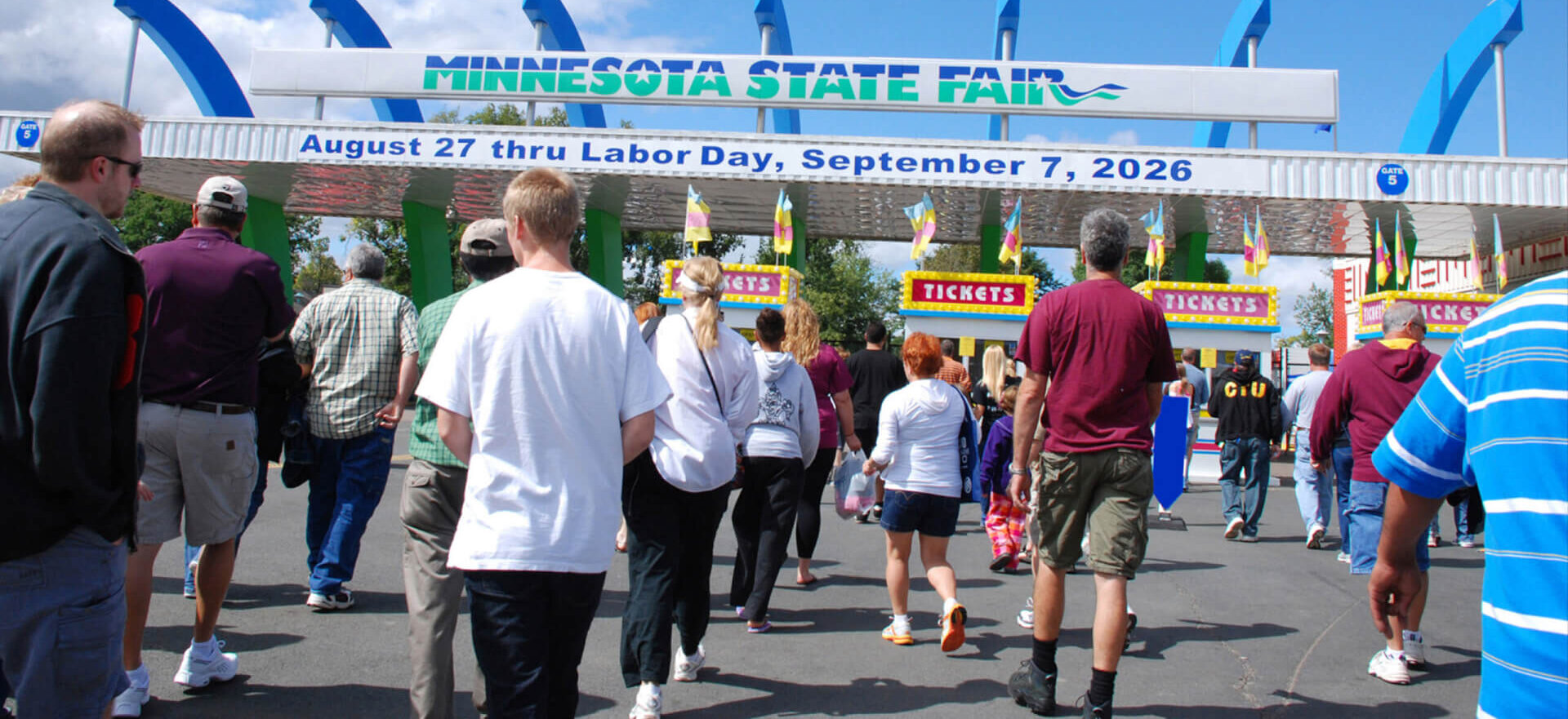 The main entrance gate to the Minnesota State Fair in 2026.