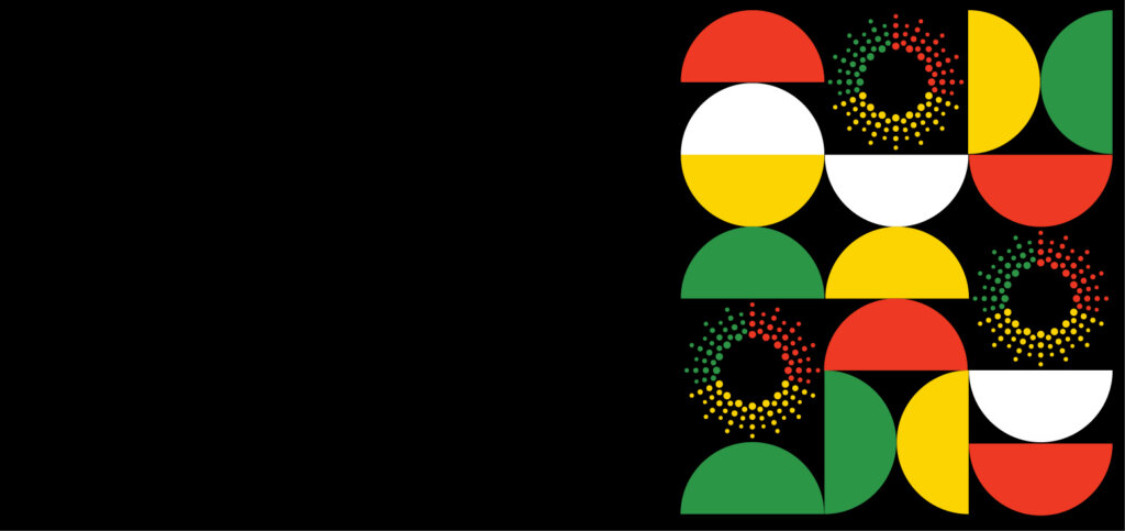 Graphic banner with colors and shapes representing Black History Month and the Sunrise Banks logo