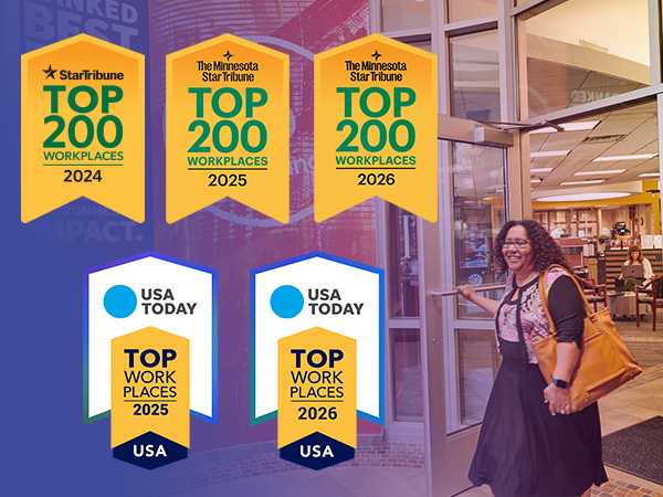 Our five Top Workplaces banners: 2024, 2025, and 2026 from the Star Tribune, and 2024-2025 from USA Today.