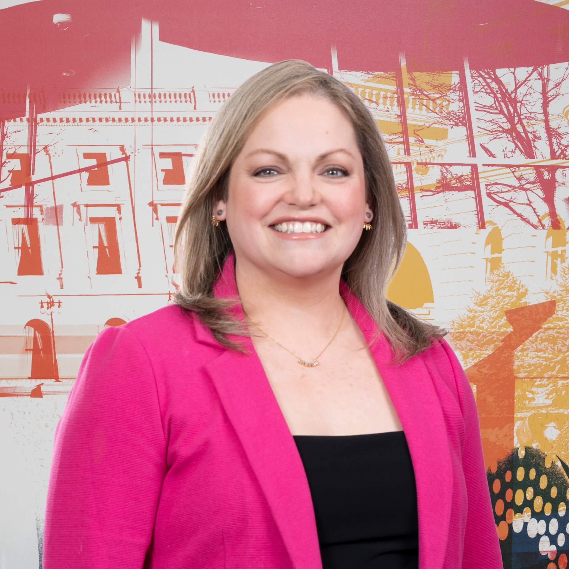 Headshot of Amanda Theisen on mural background